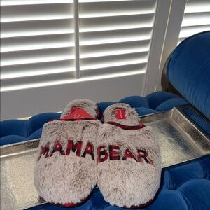 NWT Wondershop Cream Faux Fur Slippers with Red & Black Plaid Trim